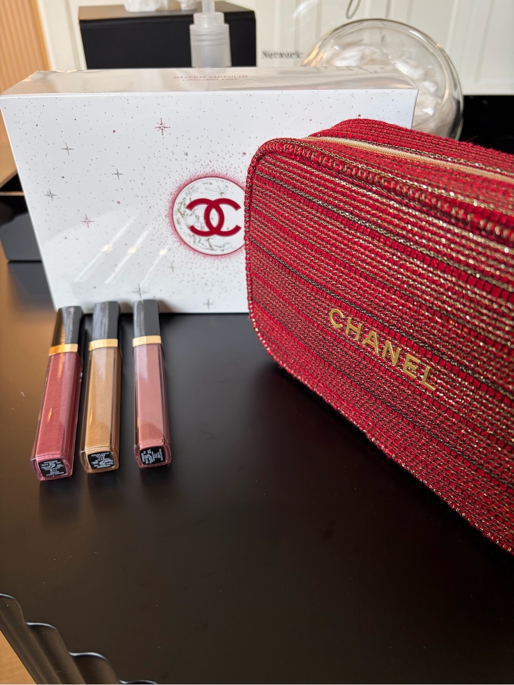 CHANEL Red Tweed Cosmetic Pouch with Gold Logo and Lip Glosses